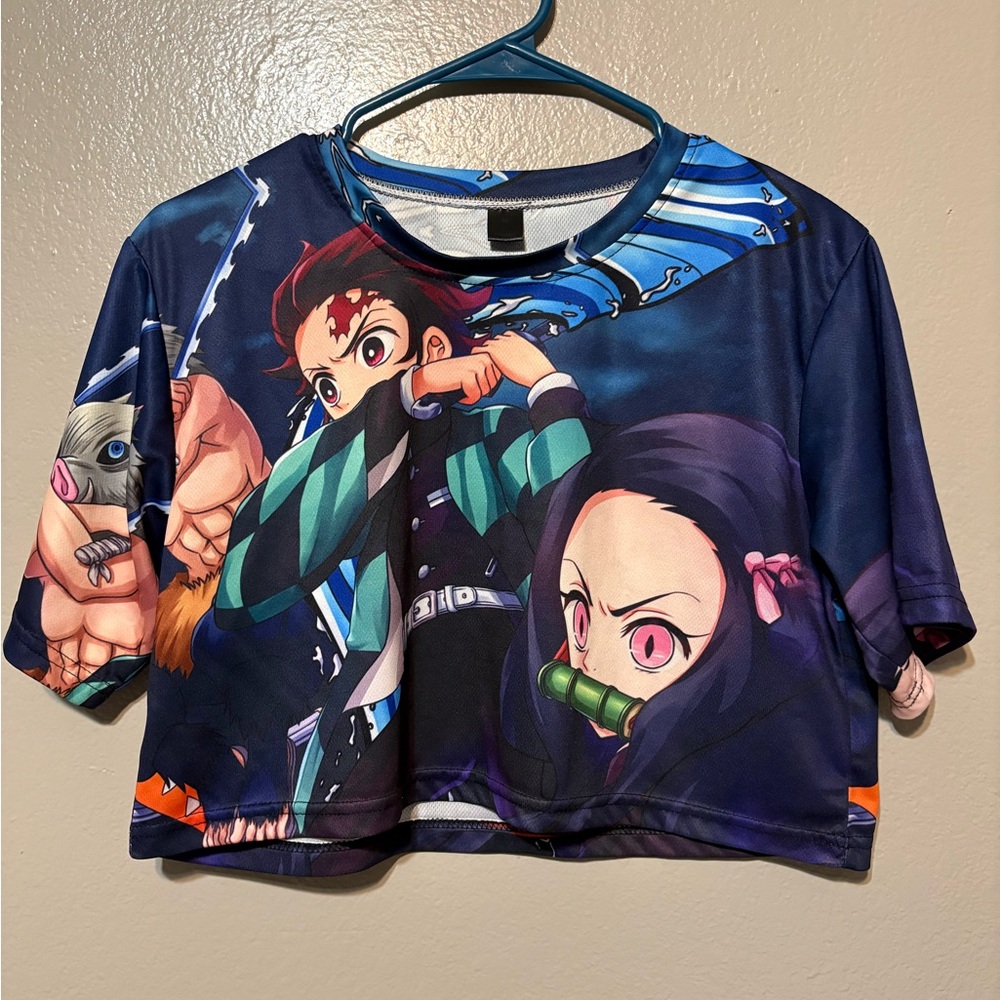 Anime Character Cropped Graphic Tee in Navy and Teal Size M